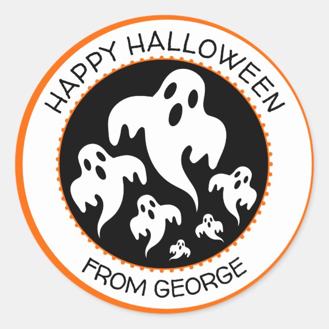 Personalised Happy Halloween Ghost Classic Round Sticker (Front)