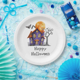 Personalised Happy Halloween Haunted House Party Paper Plate