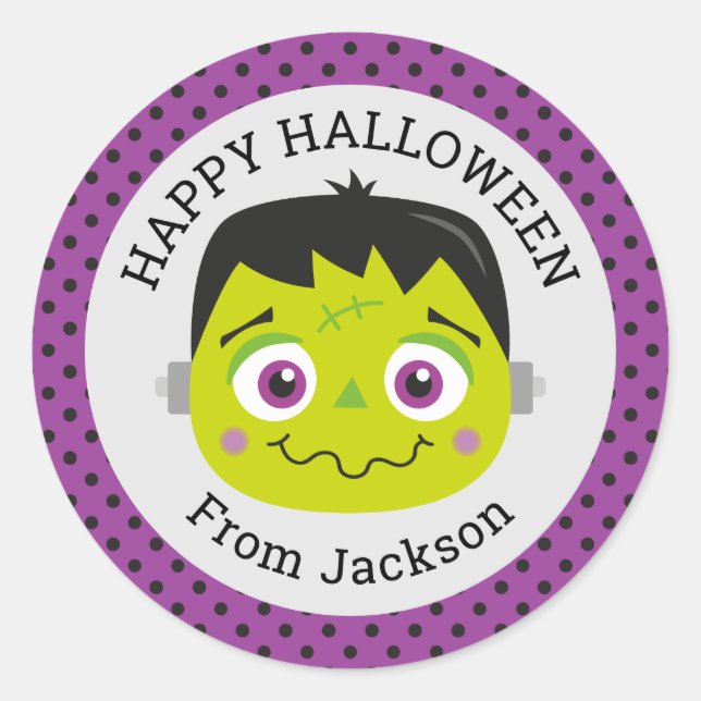 Personalised Happy Halloween Monster Round Sticker (Front)