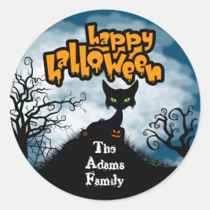 Personalised Happy Halloween Spooky Cat Classic Round Sticker