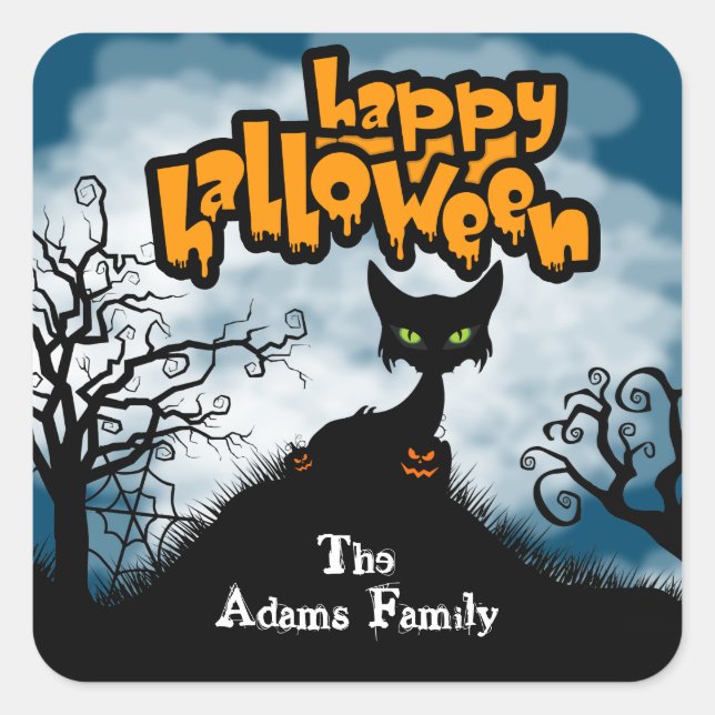 Personalised Happy Halloween Spooky Cat Square Sticker (Front)
