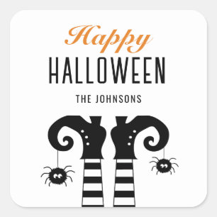Personalised Happy Halloween Witch Feet White Square Sticker