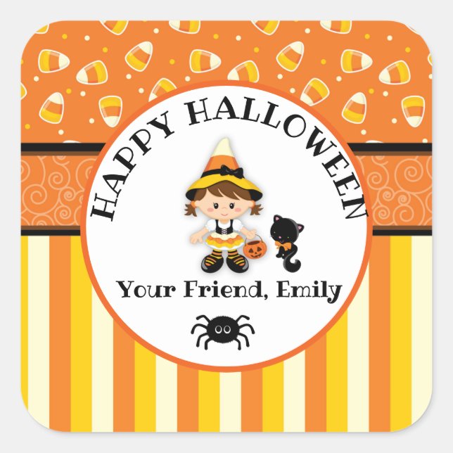 Personalised Happy Halloween Witch Square Sticker (Front)