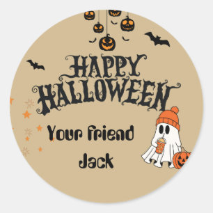 Personalised Happy Halloween with Cute Ghost brown Classic Round Sticker