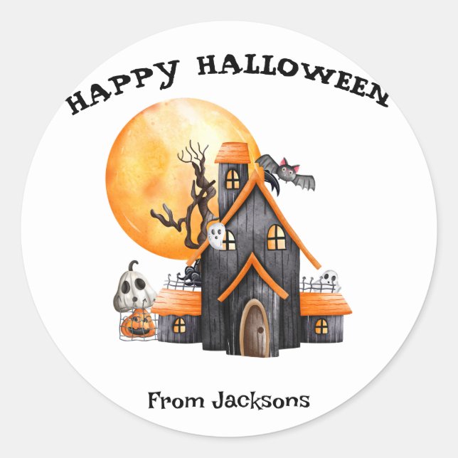 Personalised Happy Halloween with Cute Ghost Classic Round Sticker (Front)