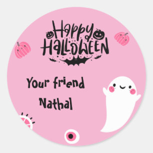 Personalised Happy Halloween with Cute Ghost PINK Classic Round Sticker