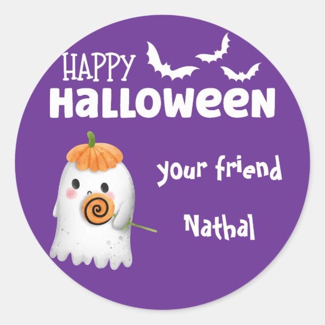 Personalised Happy Halloween with Cute Ghost Purpl Classic Round Sticker (Front)