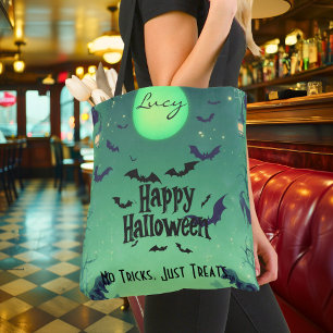 Personalised Happy Halloween with Green Moon, Bats Tote Bag