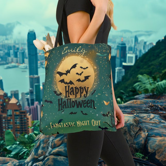 Personalised Happy Halloween with Green Moonlit Tote Bag (Creator Uploaded)