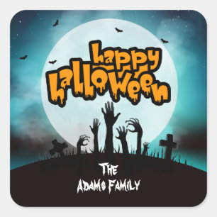 Personalised Happy Halloween Zombie Graveyard Square Sticker