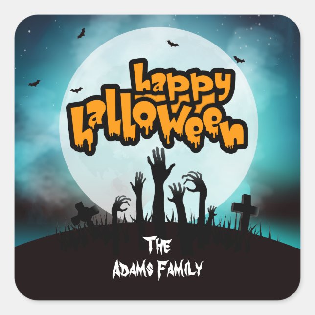 Personalised Happy Halloween Zombie Graveyard Square Sticker (Front)