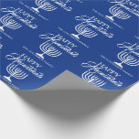 Personalised HAPPY HANUKKAH Blue Menorah Wrapping Paper<br><div class="desc">Wrap your gifts with these elegant Jewish Holiday HAPPY HANUKKAH Chanukah wrapping paper.  Navy blue background with white Menorah.  Personalise by adding message or name or delete.</div>