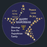 Personalised HAPPY HANUKKAH Classic Round Sticker<br><div class="desc">Stylish blue and gold personalised HANUKKAH stickers to wish your family and friends a Happy Hanukkah. The design shows text that says HAPPY HANUKKAH in white typography at the centre, with PEACE, LOVE & JOY in gold coloured typography in one corner, and also written in HEBREW in the other corner....</div>