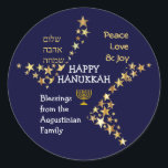 Personalised HAPPY HANUKKAH Classic Round Sticker<br><div class="desc">Stylish blue and gold personalised HANUKKAH stickers to wish your family and friends a Happy Hanukkah. The design shows text that says HAPPY HANUKKAH in white typography at the centre, with PEACE, LOVE & JOY in gold coloured typography in one corner, and also written in HEBREW in the other corner....</div>
