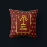 Personalised | HAPPY HANUKKAH | Menorah | RED Cushion<br><div class="desc">Stylish festive pillow with faux gold Star of David in subtle background pattern and large gold coloured menorah at the centre. Placeholder text is customisable so you can change HAPPY HANUKKAH to a greeting of your own choice (text of similar length) or in your own language. Part of the HANUKKAH...</div>
