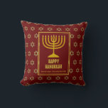 Personalised | HAPPY HANUKKAH | Menorah | RED Cushion<br><div class="desc">Stylish festive pillow with faux gold Star of David in subtle background pattern and large gold coloured menorah at the centre. Placeholder text is customisable so you can change HAPPY HANUKKAH to a greeting of your own choice (text of similar length) or in your own language. Part of the HANUKKAH...</div>