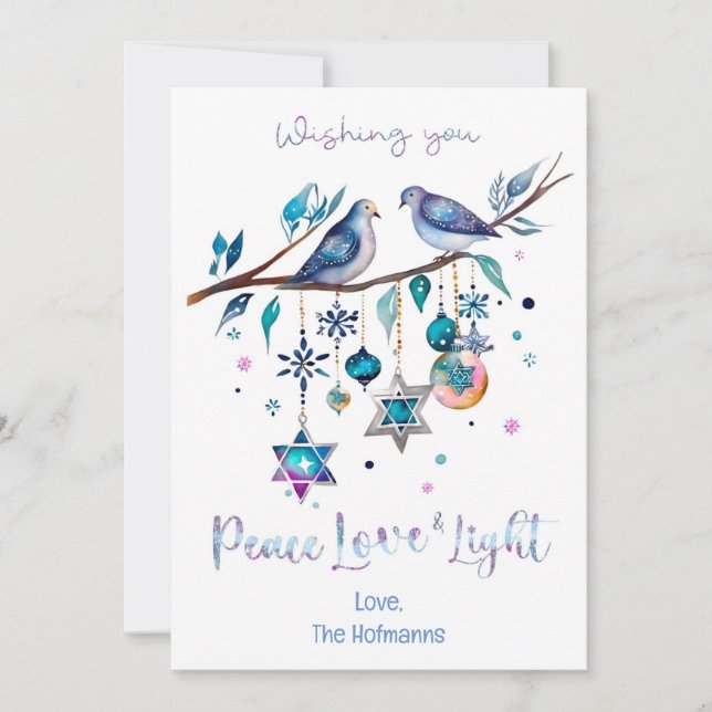 Personalised Happy Hanukkah, Peace Love & Light Holiday Card (Front)
