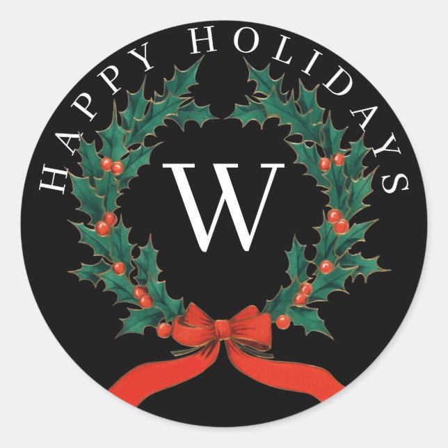Personalised Happy Holidays Black Monogram Wreath  Classic Round Sticker (Front)