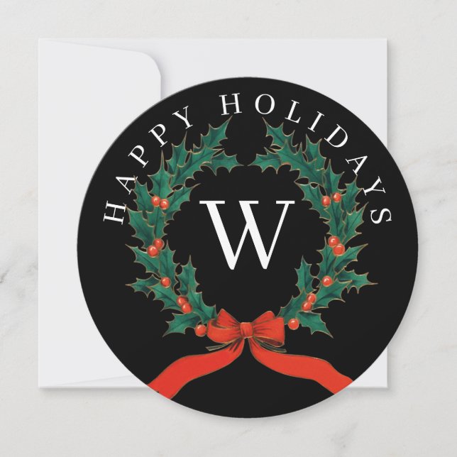 Personalised Happy Holidays Black Monogram Wreath  Holiday Card (Front)