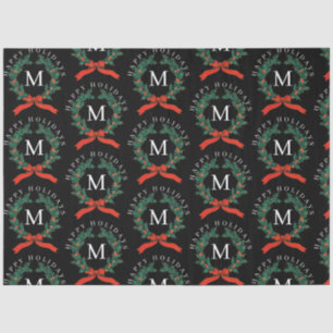 Personalised Happy Holidays Black Monogram Wreath Tissue Paper