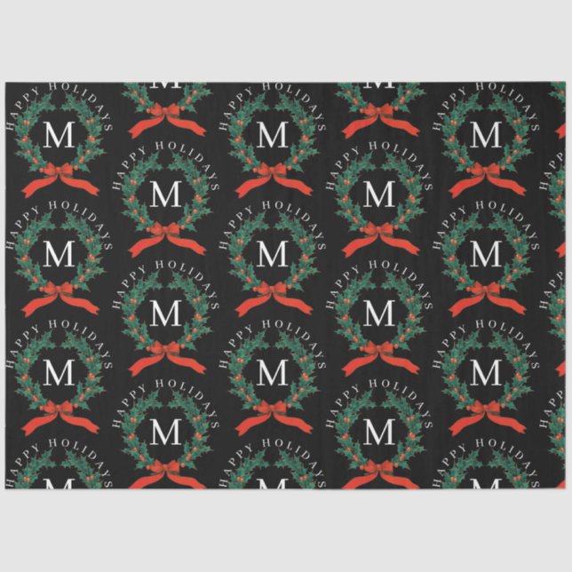 Personalised Happy Holidays Black Monogram Wreath Tissue Paper (Front)