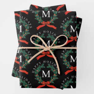Personalised Happy Holidays Black Monogram Wreath  Wrapping Paper Sheet