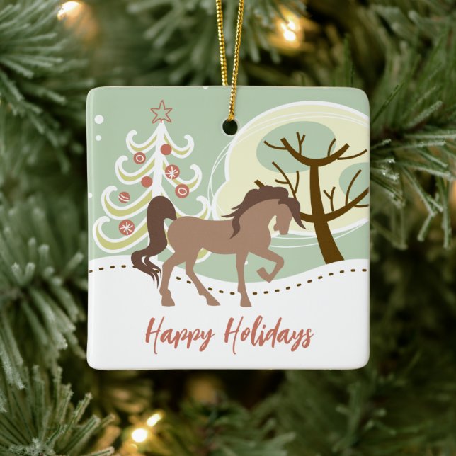 Personalised Happy Holidays Brown Horse Christmas Ceramic Ornament (Tree)