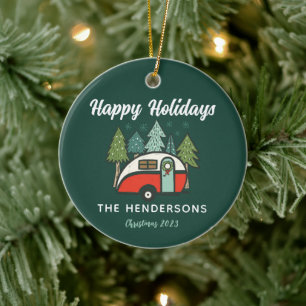 Personalised Happy Holidays Camper Ceramic Tree Decoration