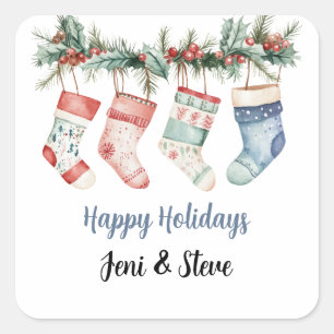 Personalised Happy Holidays Christmas Stocking  Square Sticker
