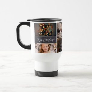Personalised Happy Holidays Collage 6 Photos Chalk Travel Mug