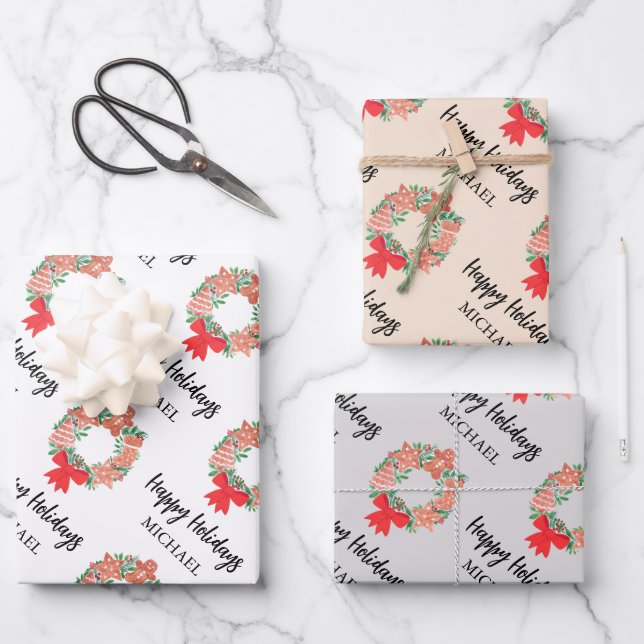 Personalised Happy Holidays Cookie Wreath Wrapping Paper Sheet (Front)