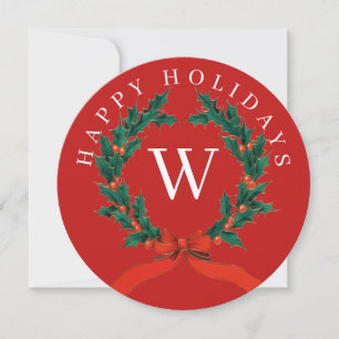 Personalised Happy Holidays Red Monogram Wreath Holiday Card