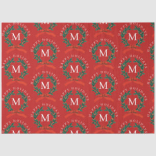 Personalised Happy Holidays Red Monogram Wreath Tissue Paper