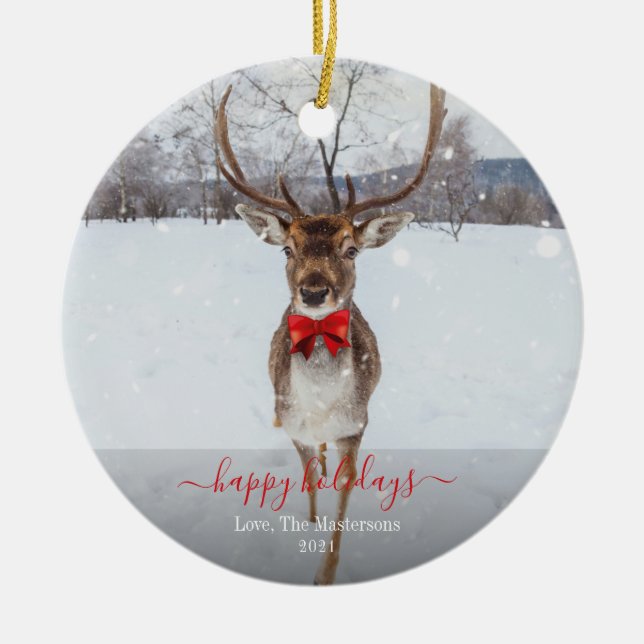 Personalised Happy Holidays Reindeer Year Ceramic Tree Decoration (Front)