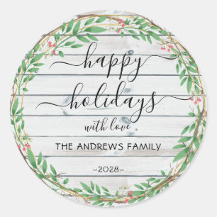 Personalised Happy Holidays watercolor wreath Classic Round Sticker