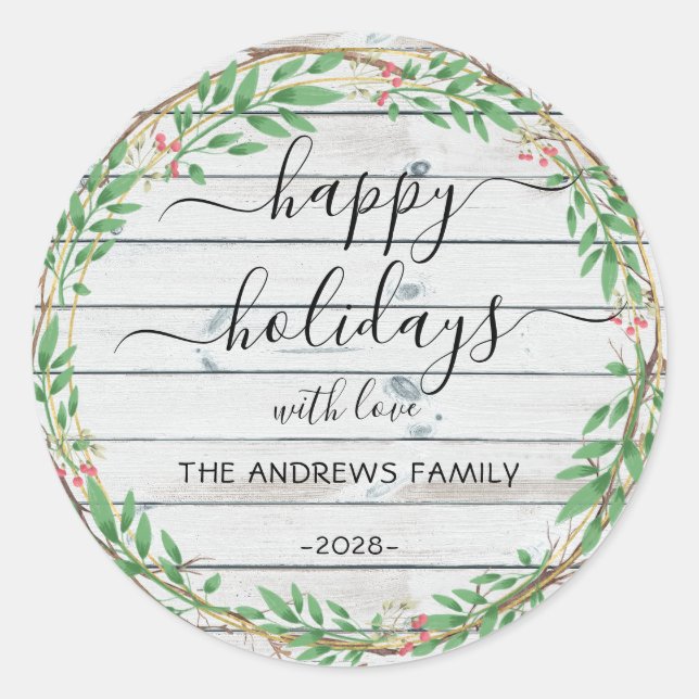 Personalised Happy Holidays watercolor wreath Classic Round Sticker (Front)