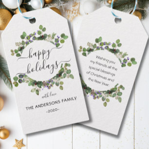 Personalised Happy Holidays watercolor wreath Gift Tags