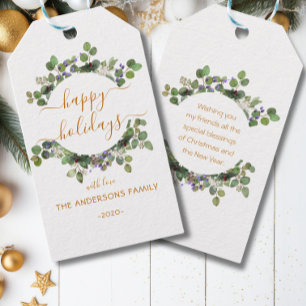 Personalised Happy Holidays watercolor wreath Gift Tags