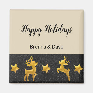 Personalised Happy Holidays with Golden Reindeer Magnet
