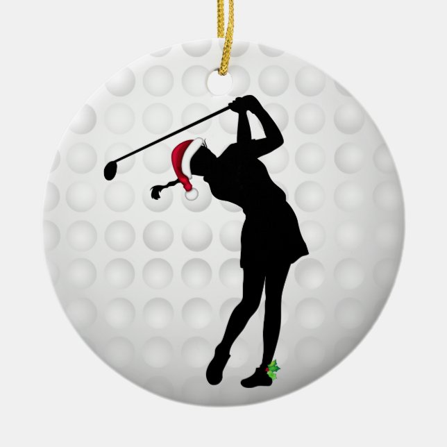 Personalised Happy Hollydays Woman Golfer Ceramic Tree Decoration (Front)