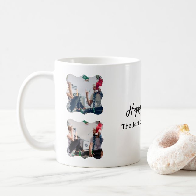Personalised Happy New Year Script 4 collage photo Coffee Mug (With Donut)