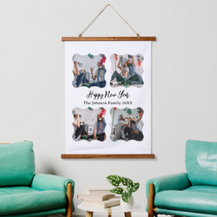 Personalised Happy New Year Script 4 collage photo Hanging Tapestry