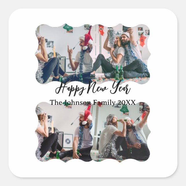 Personalised Happy New Year Script 4 collage photo Square Sticker (Front)