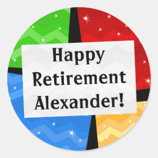 Personalised Happy Retirement, Colour Squares Part Classic Round Sticker