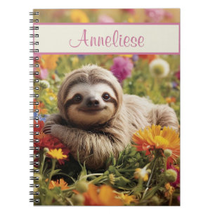 Personalised Happy Sloth in Flowers Notebook