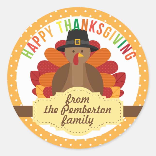 Personalised Happy Thanksgiving Cute Turkey Classic Round Sticker (Front)