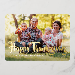 Personalised Happy Thanksgiving Family Photo Gold Foil Holiday Card