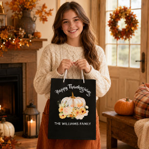 Personalised Happy Thanksgiving Floral Pumpkin Medium Gift Bag