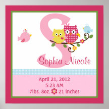 Personalised Happy Tree/Owls Birth Info Poster