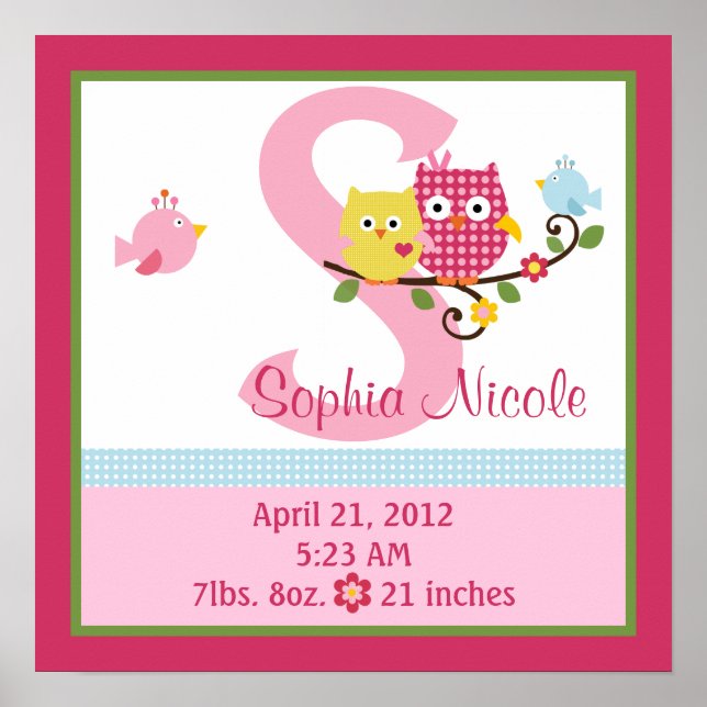 Personalised Happy Tree/Owls Birth Info Poster (Front)